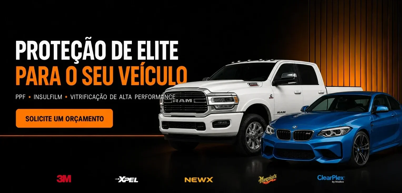 Banner da SPA Window Film com RAM2500 e BMW M2, destacando serviços de PPF, insulfilm e vitrificação de alta performance, com logos das marcas 3M, XPEL, NewX,